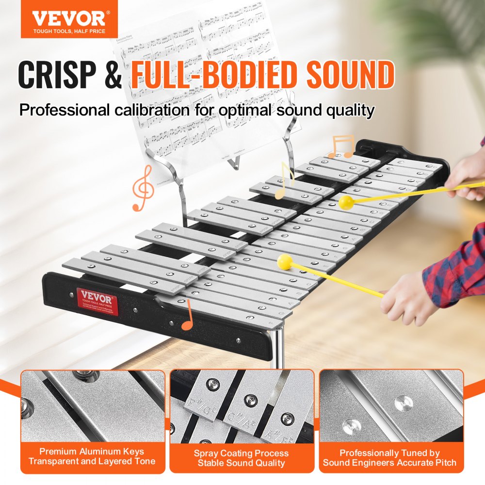VEVOR 32 Note Glockenspiel Xylophone Bell Kit, Professional Percussion Instrument Set with Mallets, Drum Sticks, Music Stand,  8