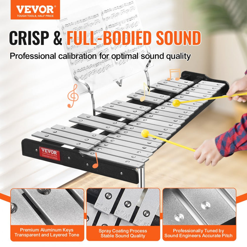 VEVOR 32 Note Glockenspiel Xylophone Bell Kit, Professional Percussion Instrument Set with Mallets, Drum Sticks, Music Stand,  8