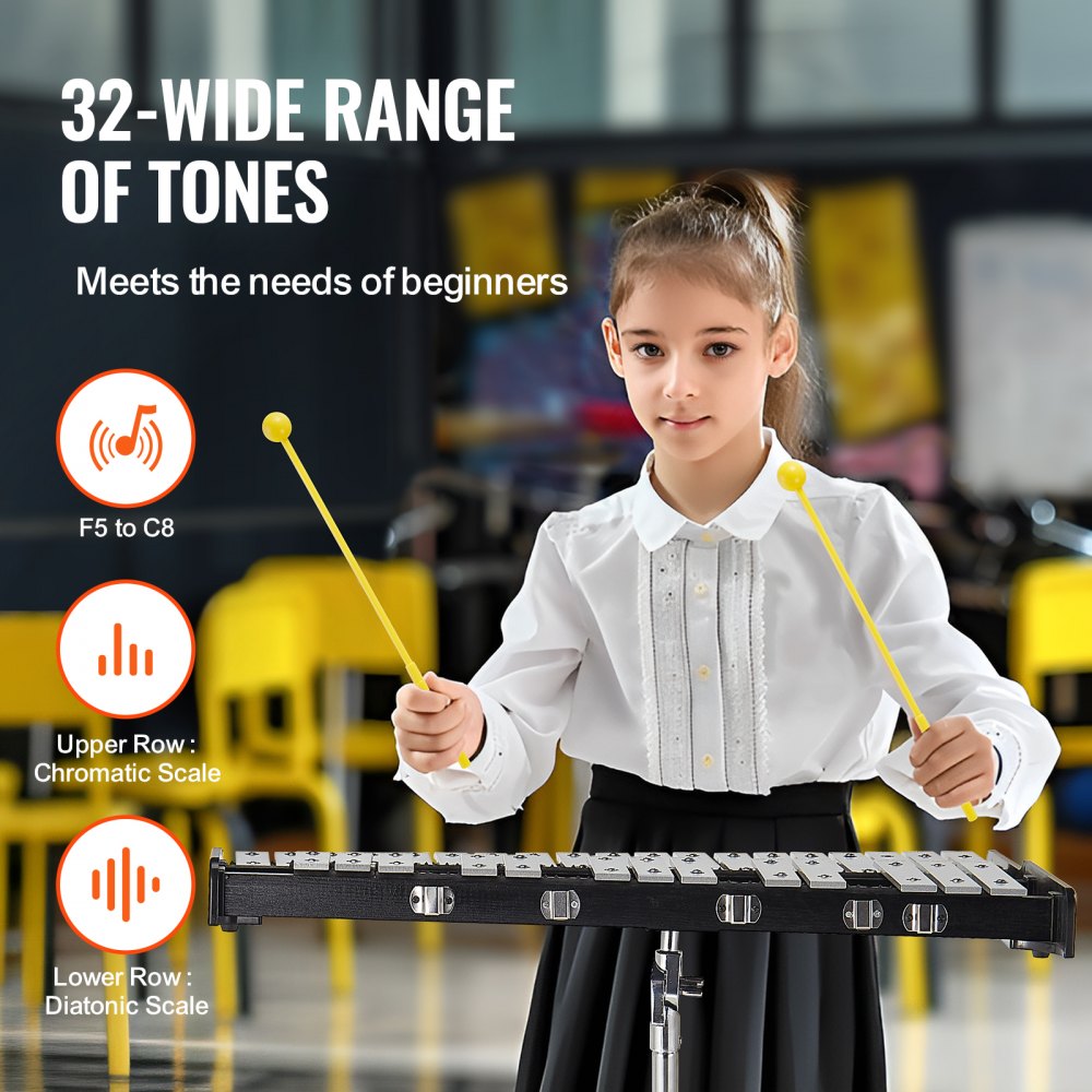 VEVOR 32 Note Glockenspiel Xylophone Bell Kit, Professional Percussion Instrument Set with Mallets, Drum Sticks, Music Stand,  8