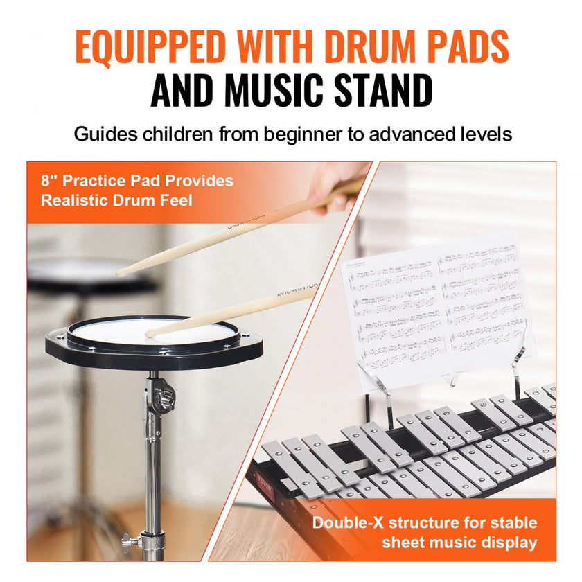 VEVOR 32 Note Glockenspiel Xylophone Bell Kit, Professional Percussion Instrument Set with Mallets, Drum Sticks, Music Stand,  8