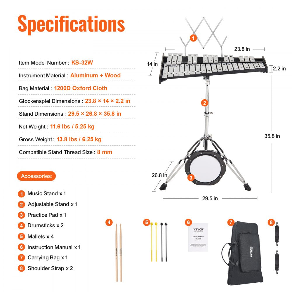 VEVOR 32 Note Glockenspiel Xylophone Bell Kit, Professional Percussion Instrument Set with Mallets, Drum Sticks, Music Stand,  8