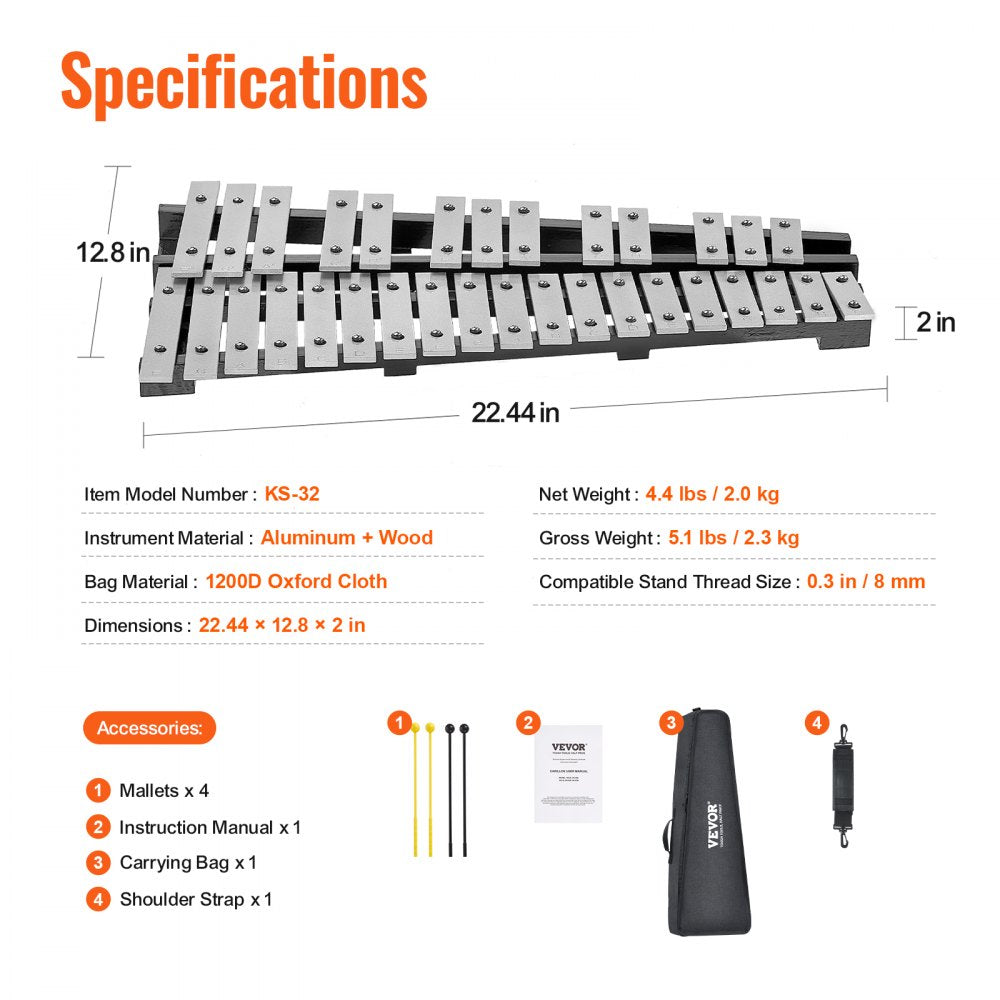 VEVOR 32 Note Glockenspiel Xylophone Bell Kit, Percussion Instrument with Mallets, Drum Sticks and Carrying Bag, Professional Glockenspiel Xylophone Percussion Instrument Set for Adults & Students