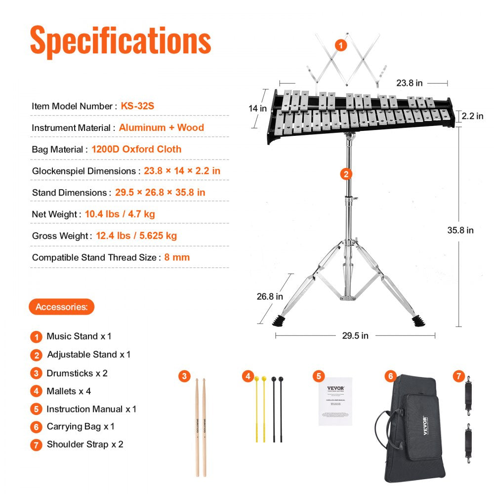 VEVOR 32 Note Glockenspiel Xylophone Bell Kit, Professional Percussion Instrument Set with Mallets, Drum Sticks, Music Stand, Adjustable Stand and Carrying Bag for Students & Adults