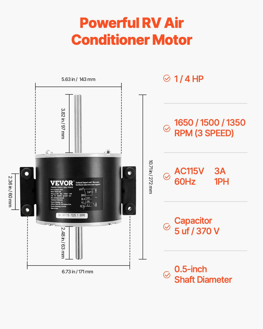 VEVOR 1/4HP RV AC Fan Motor AC115V 3A 1650RPM Single Phase 5uf/370V Capacitor