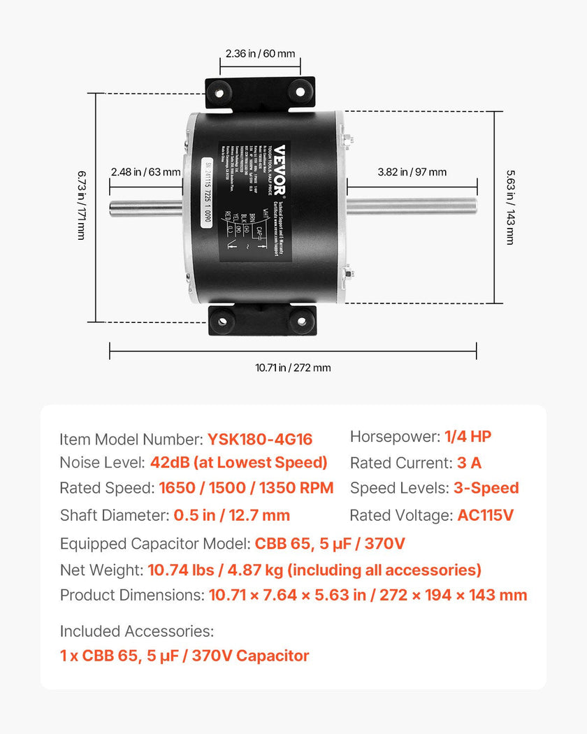 VEVOR 1/4HP RV AC Fan Motor AC115V 3A 1650RPM Single Phase 5uf/370V Capacitor
