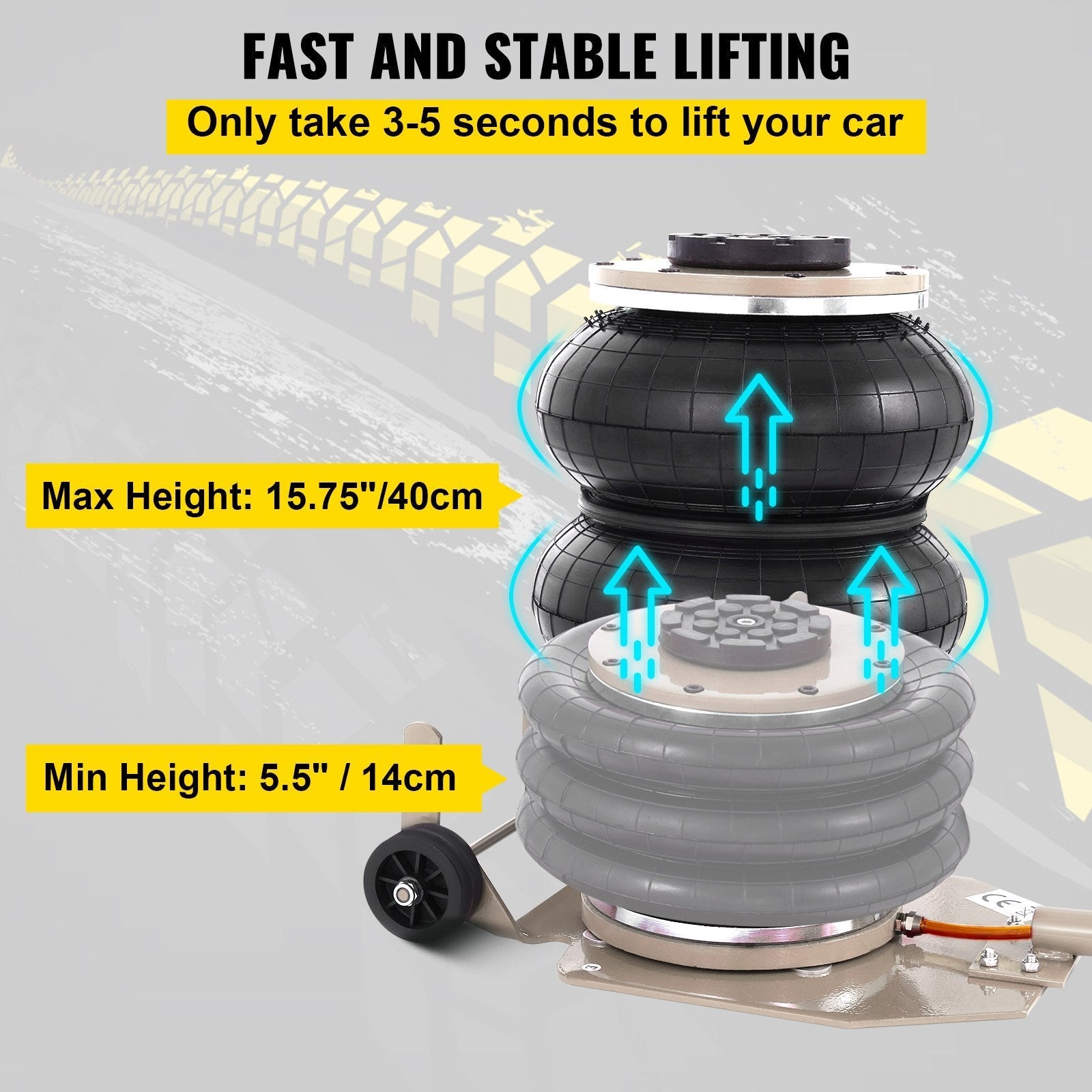 VEVOR Pneumatic Jack, 3 Ton/6600 LBS Air Bag Jack, Triple Bag Air Jack for Vehicle, Extremely Fast Lifting Action, Max Height 15.75\