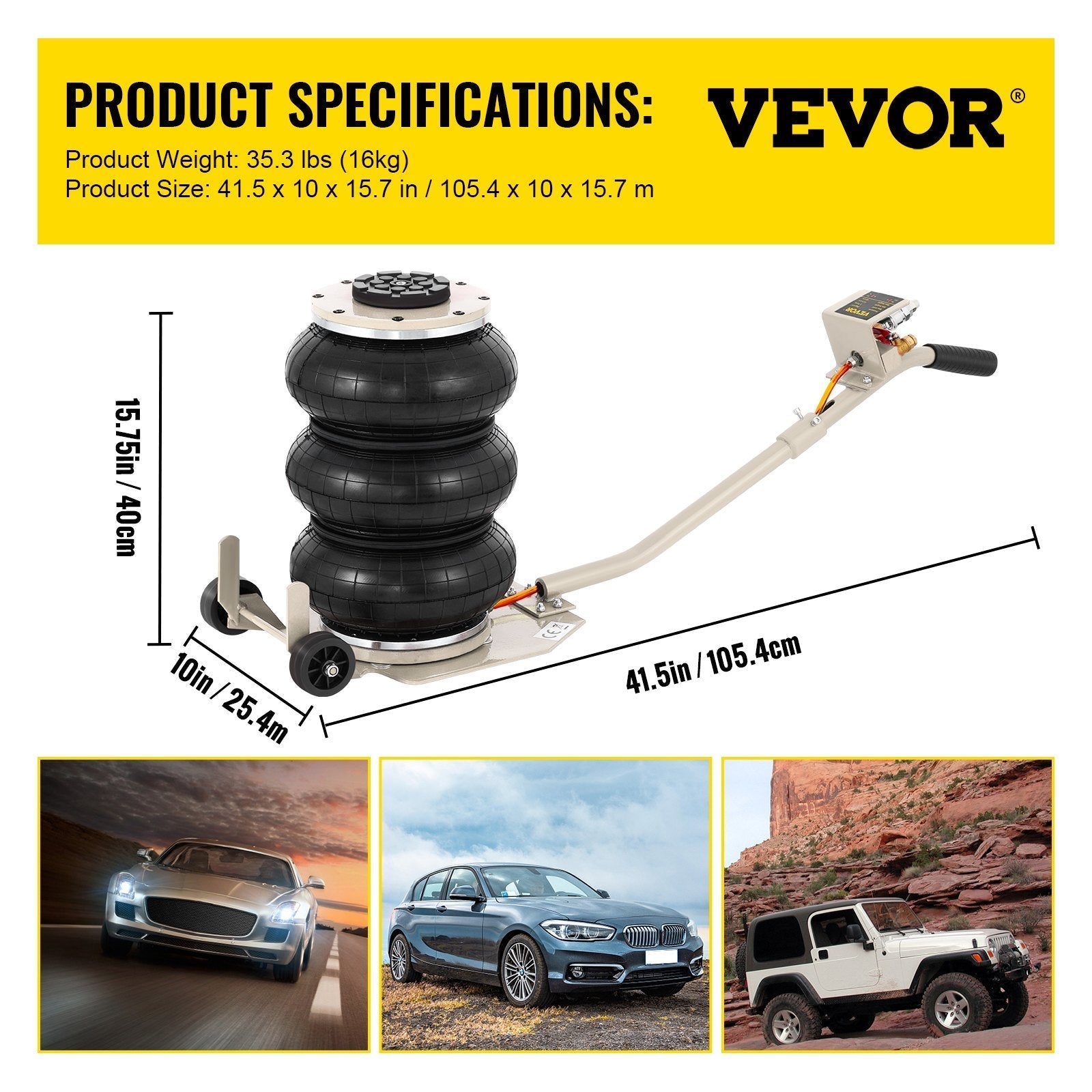 VEVOR Pneumatic Jack, 3 Ton/6600 LBS Air Bag Jack, Triple Bag Air Jack for Vehicle, Extremely Fast Lifting Action, Max Height 15.75\