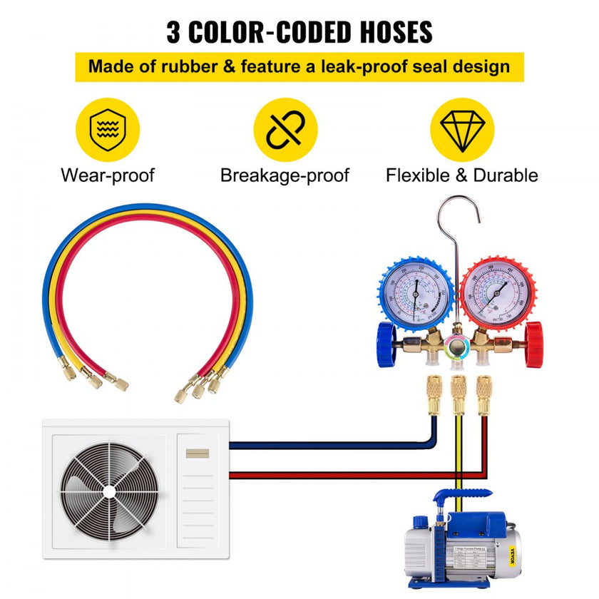 VEVOR 3CFM 1/4HP Single Stage Air Vacuum Pump HVAC R134a R12 R22 R410a A/C Refrigeration Kit AC Manifold Gauge Included Carrying Tote