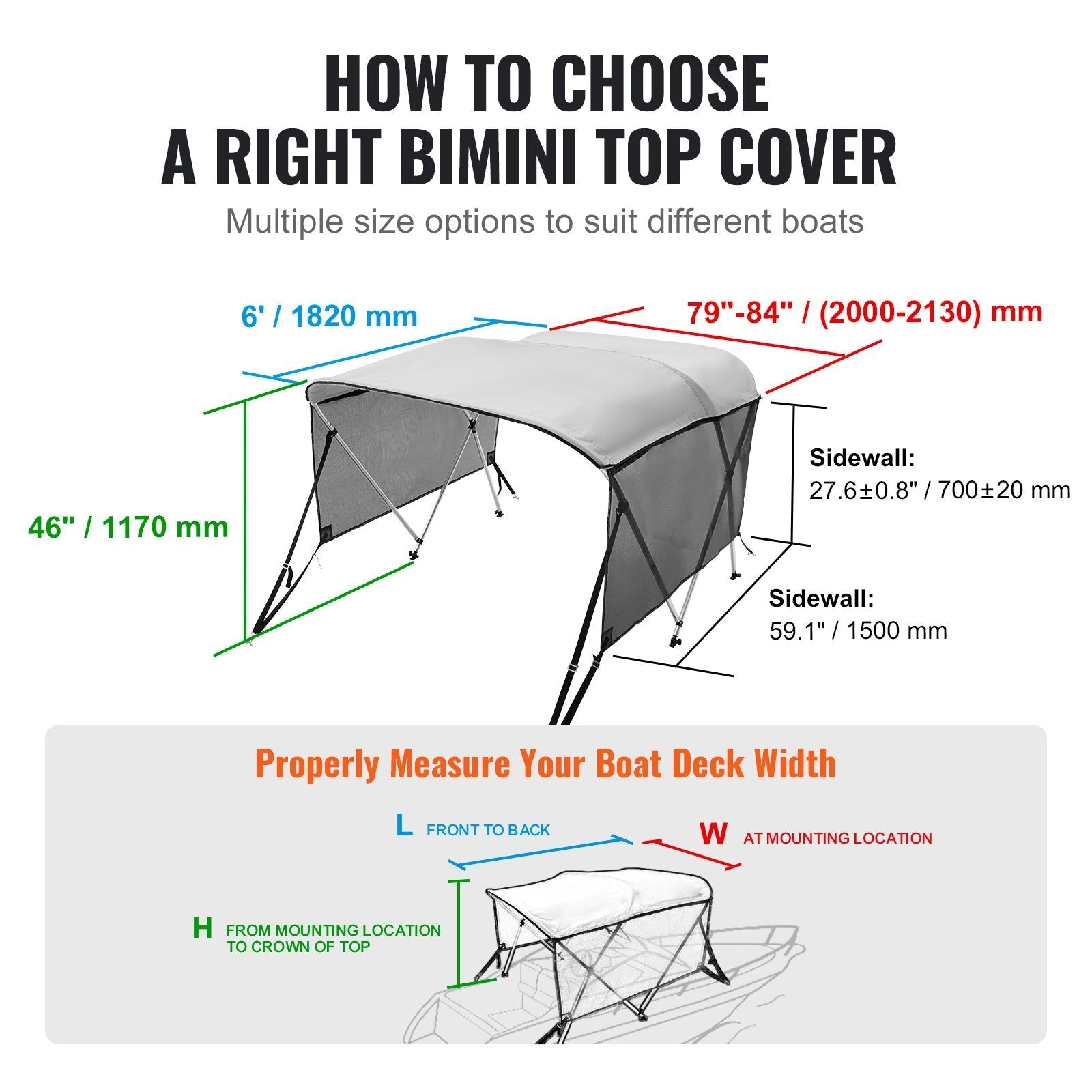 VEVOR 3 Bow Bimini Top Boat Cover, Detachable Mesh Sidewalls, 600D Polyester Canopy with 1