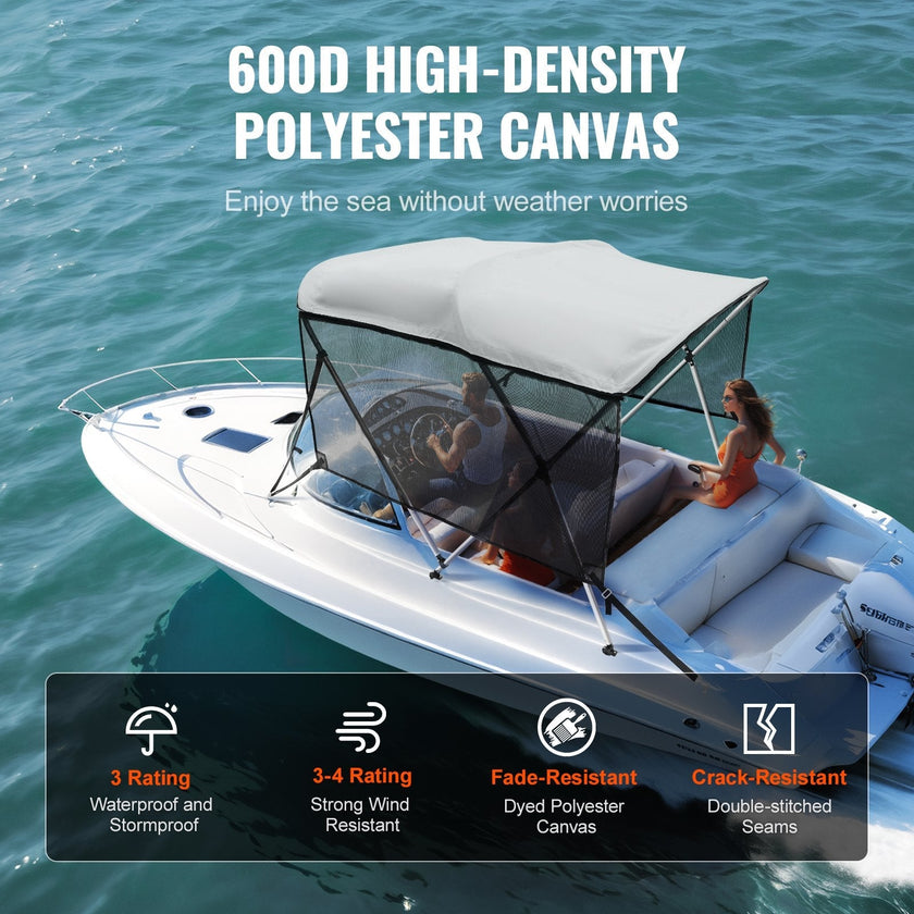 VEVOR 3 Bow Bimini Top Boat Cover, Detachable Mesh Sidewalls, 600D Polyester Canopy with 1