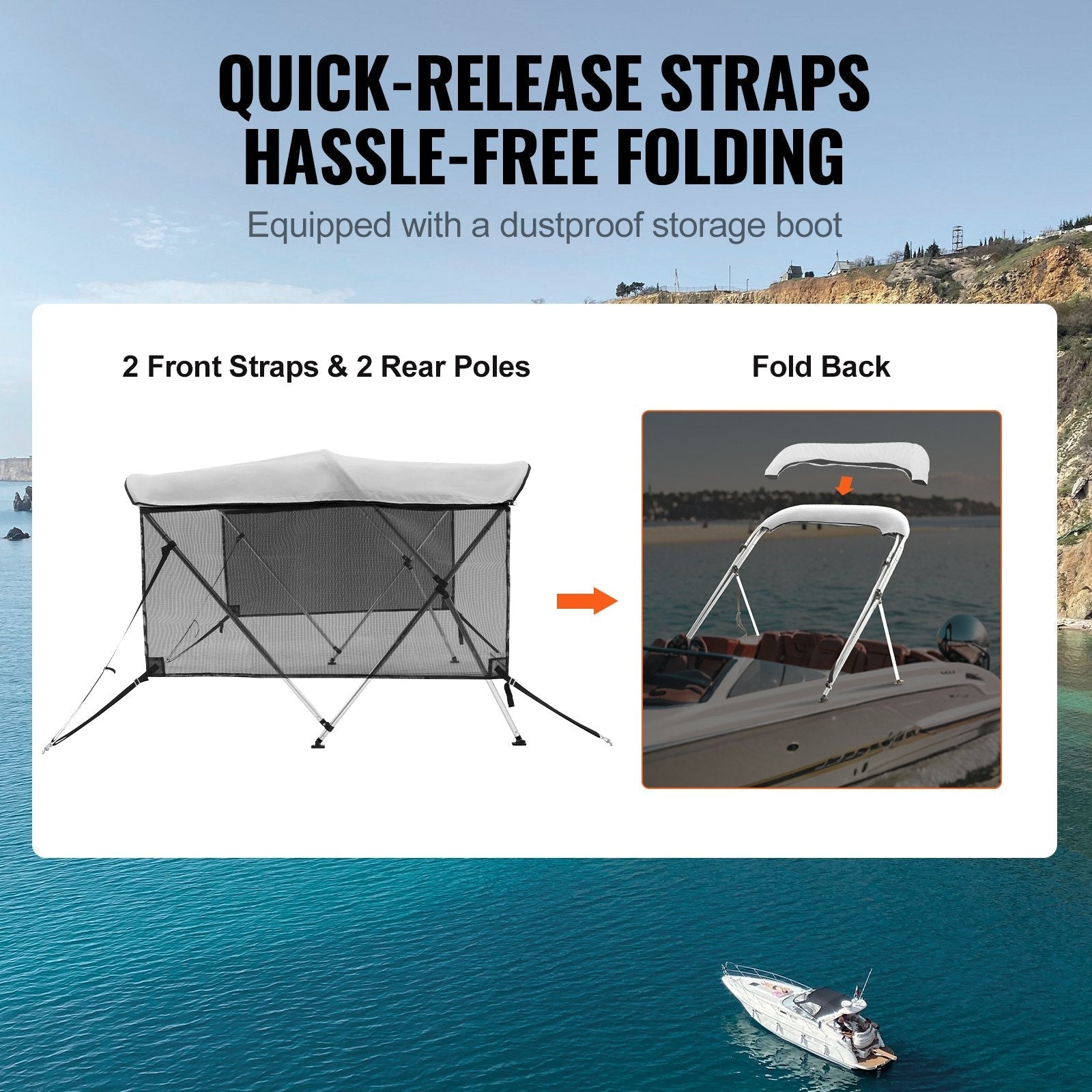 VEVOR 3 Bow Bimini Top Boat Cover, Detachable Mesh Sidewalls, 600D Polyester Canopy with 1