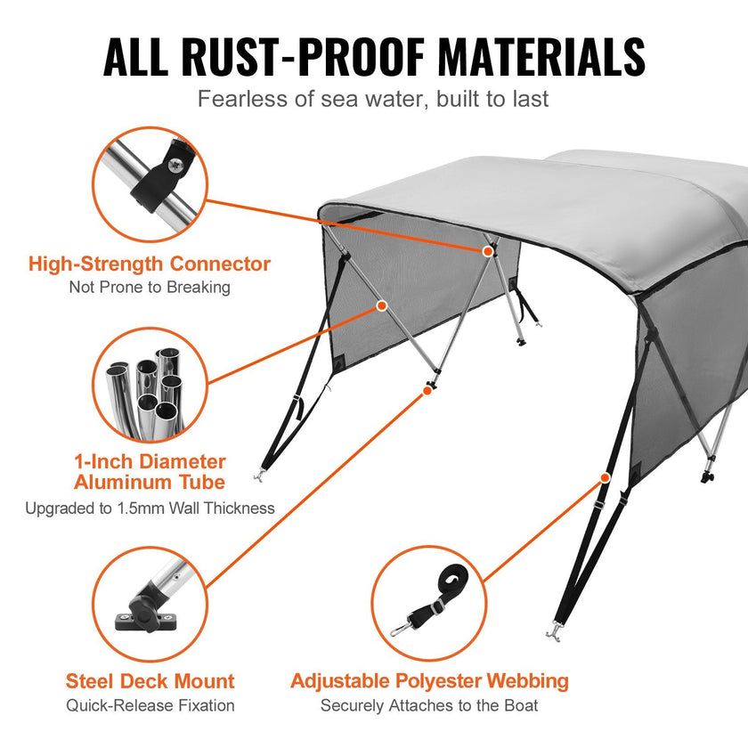 VEVOR 3 Bow Bimini Top Boat Cover, Detachable Mesh Sidewalls, 600D Polyester Canopy with 1