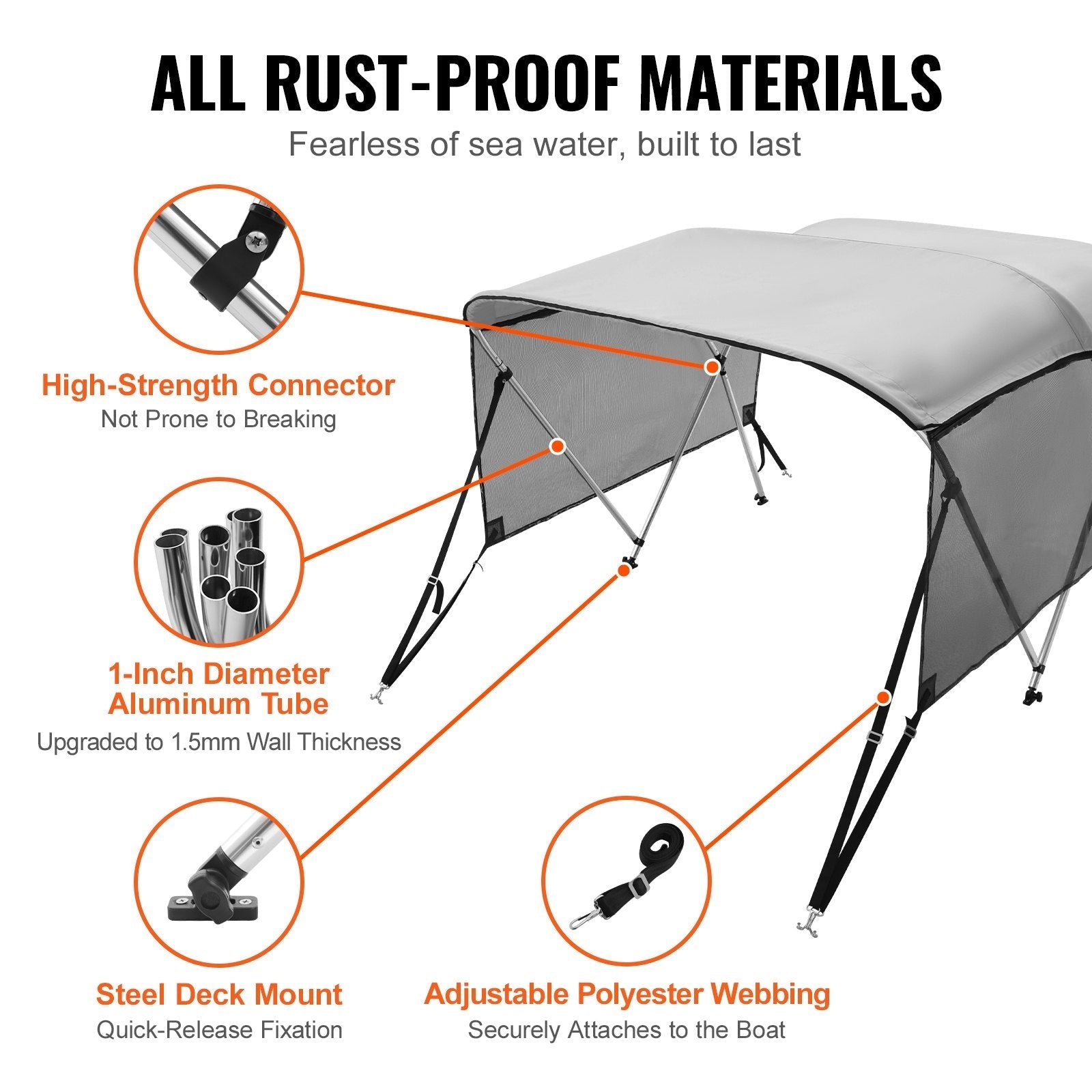 VEVOR 3 Bow Bimini Top Boat Cover, Detachable Mesh Sidewalls, 600D Polyester Canopy with 1
