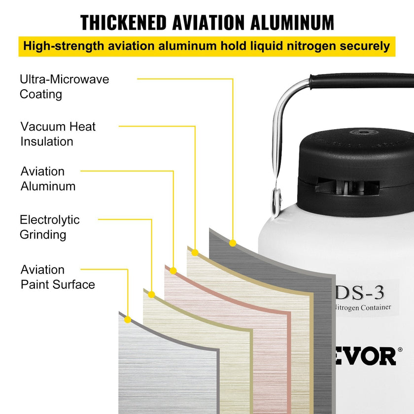 VEVOR 3L Liquid Nitrogen Container Aluminum Alloy Liquid Nitrogen Tank Static Cryogenic Container Liquid Nitrogen Container with 6 Canisters and Carry Bag
