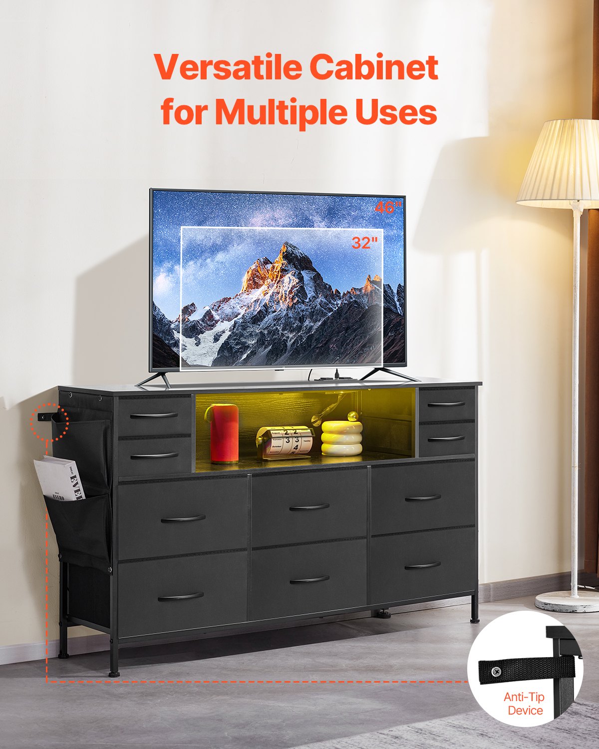 VEVOR 10 Fabric Drawer Dresser with Open Storage Shelf LED Lights & Outlet Black