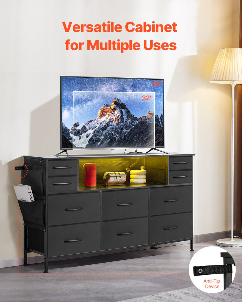 VEVOR 10 Fabric Drawer Dresser with Open Storage Shelf LED Lights & Outlet Black