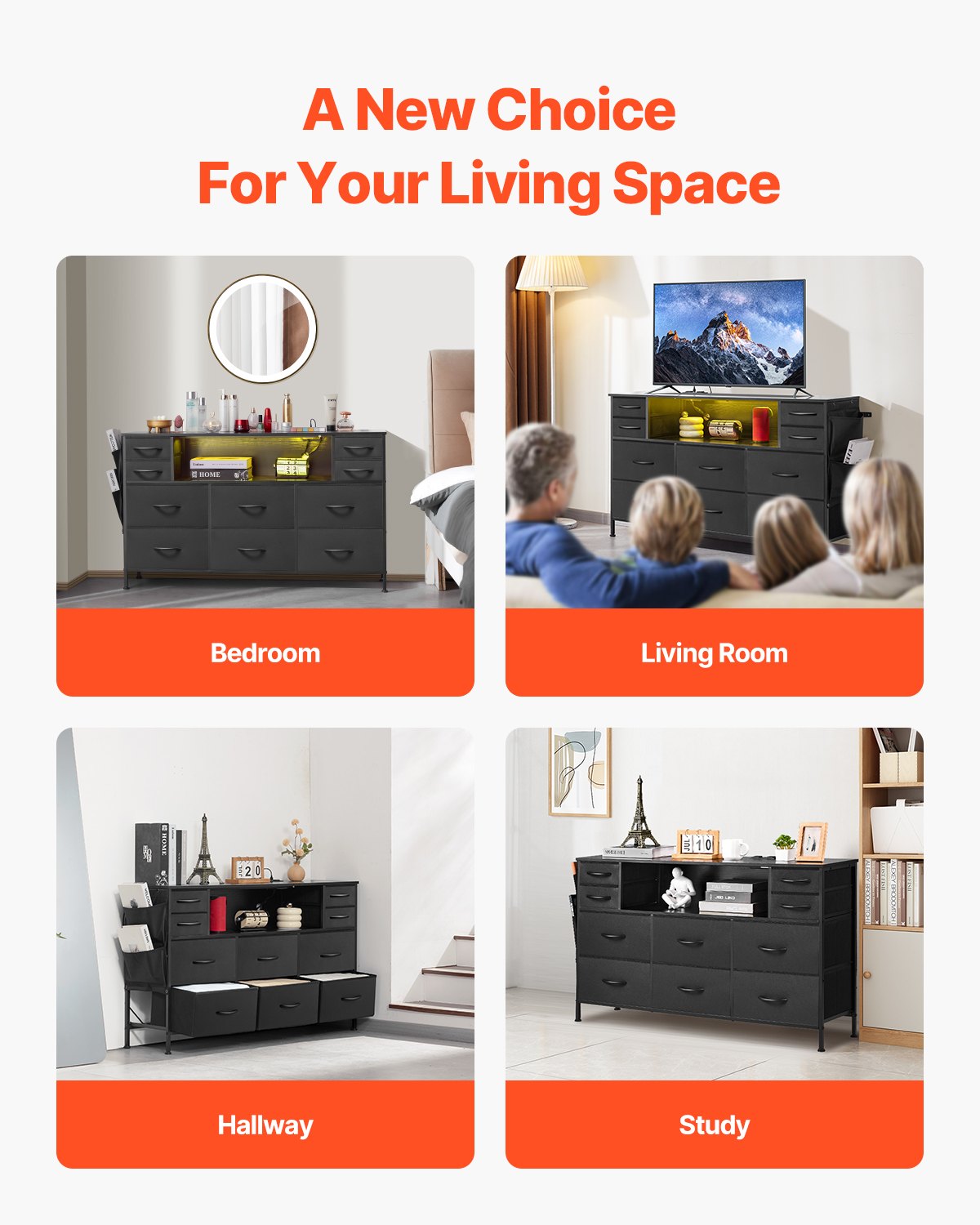 VEVOR 10 Fabric Drawer Dresser with Open Storage Shelf LED Lights & Outlet Black