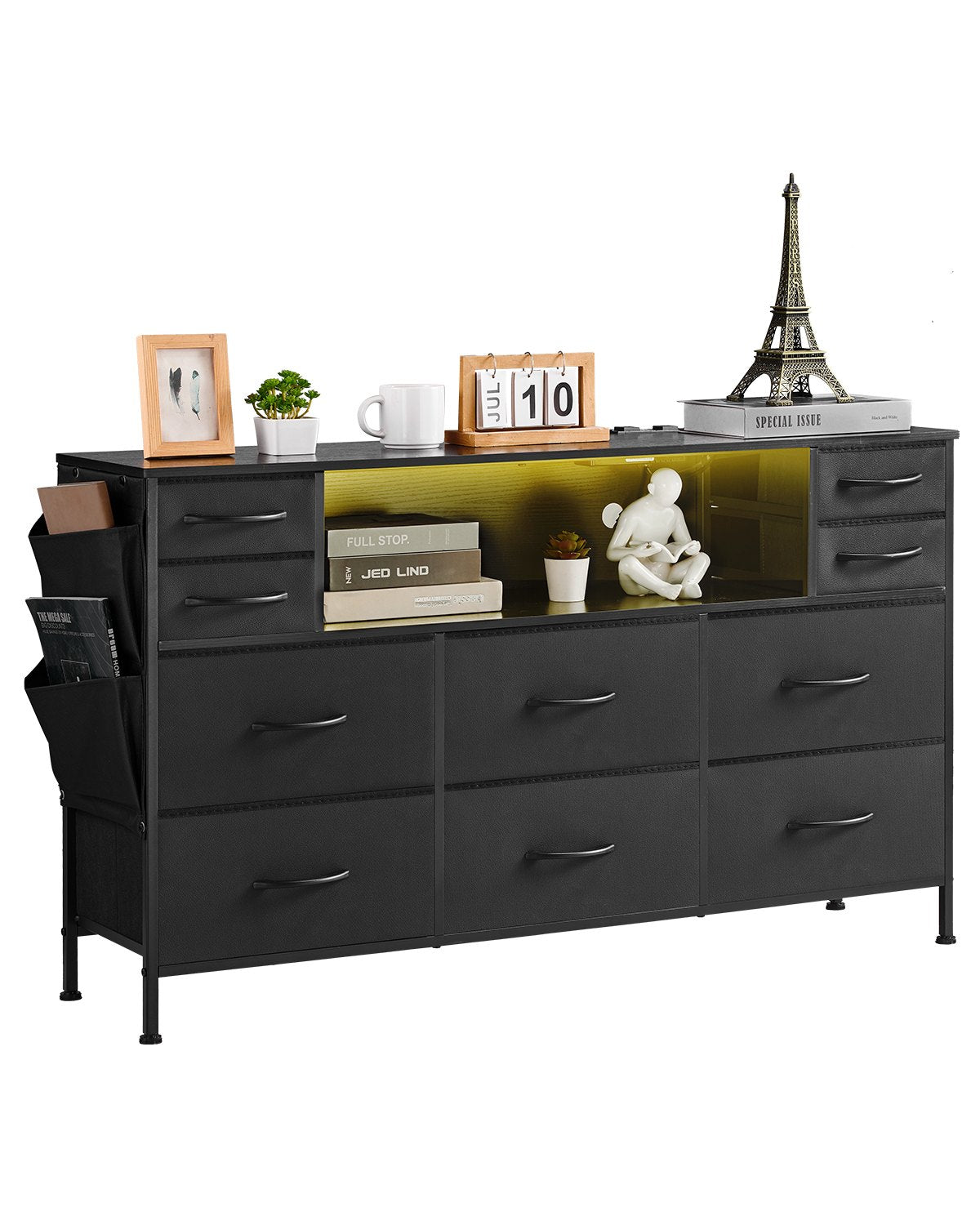 VEVOR 10 Fabric Drawer Dresser with Open Storage Shelf LED Lights & Outlet Black