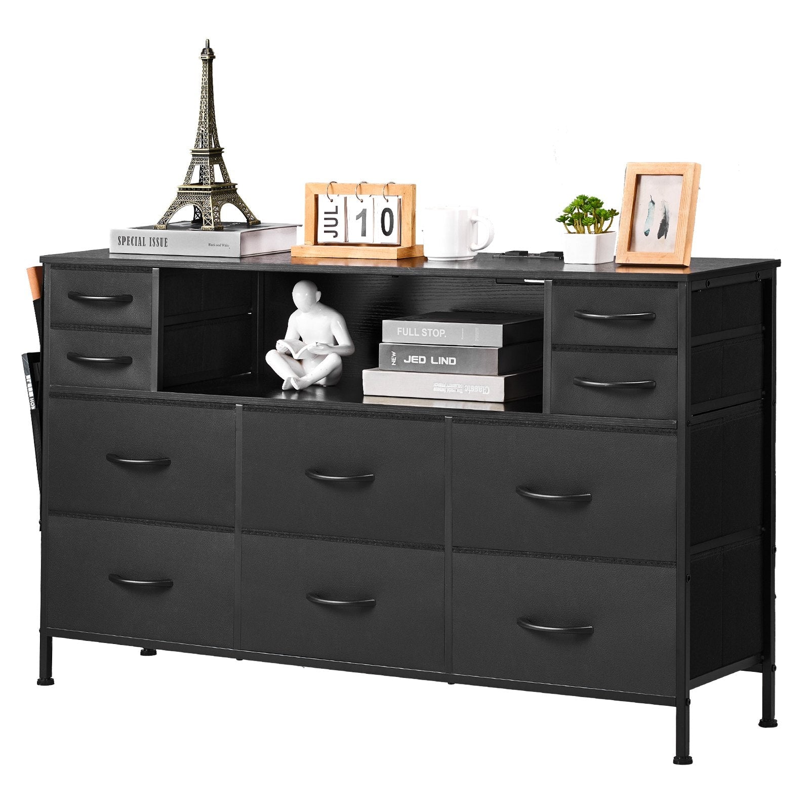 VEVOR 10 Fabric Drawer Dresser with Open Storage Shelf LED Lights & Outlet Black