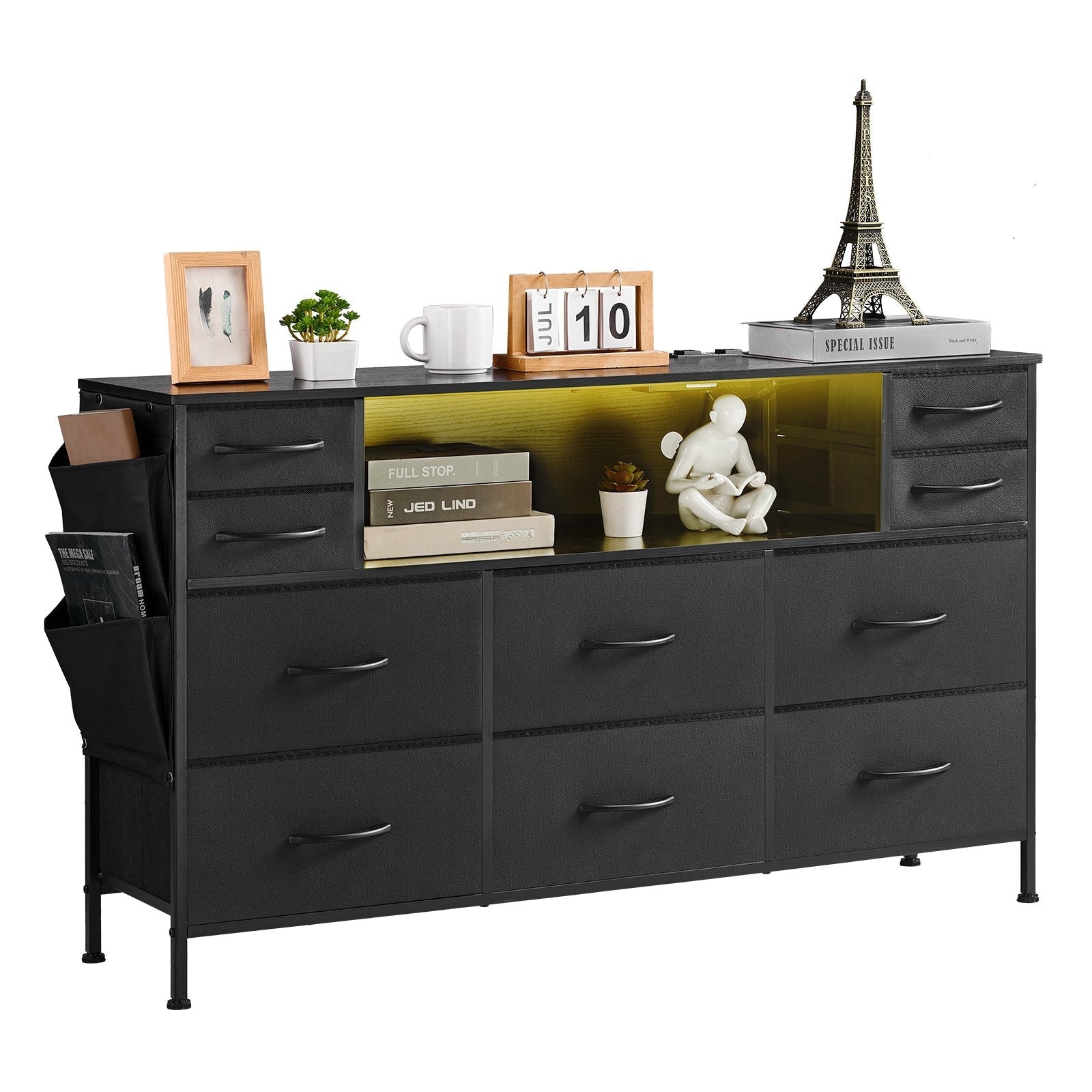 VEVOR 10 Fabric Drawer Dresser with Open Storage Shelf LED Lights & Outlet Black