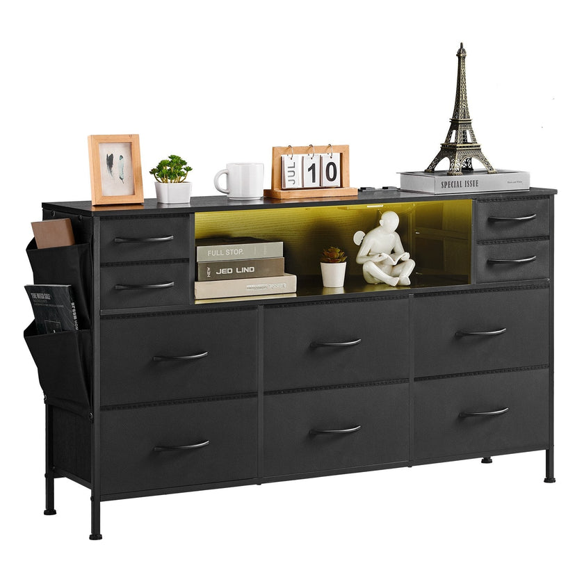 VEVOR 10 Fabric Drawer Dresser with Open Storage Shelf LED Lights & Outlet Black