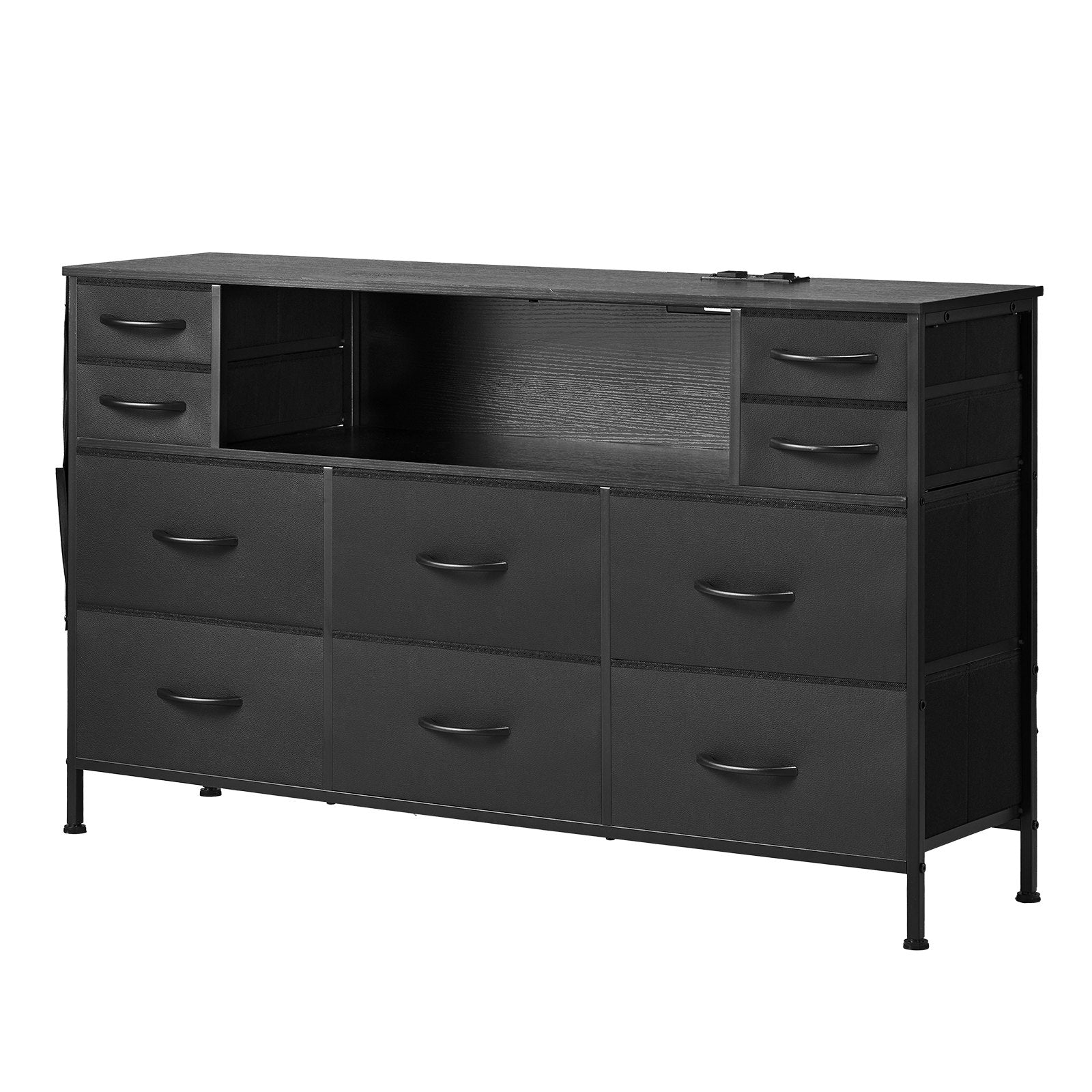VEVOR 10 Fabric Drawer Dresser with Open Storage Shelf LED Lights & Outlet Black