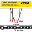 VEVOR 10FT Chain Sling 5/16 Inch X 10 FT Engine Lift Chain G80 Alloy Steel Engine Chain Hoist Lifts 3 Ton with 4 Leg Grab Hooks and Adjuster Used in Mining, Machinery, Ports, Building