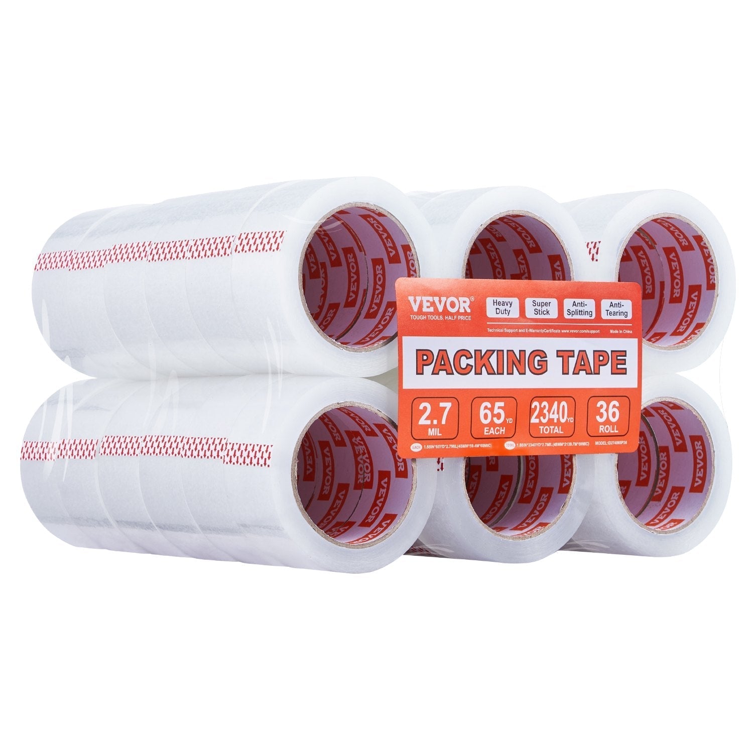 VEVOR Packing Tape 36 Rolls 65 Yards Heavy Duty Clear Packing Tapes 2.7 Mil