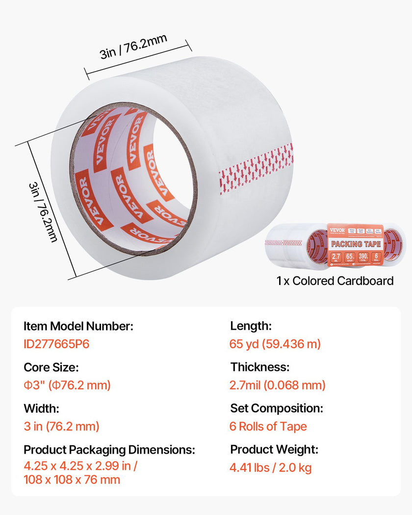 VEVOR Clear Packing Tape 6 Rolls 65 Yards Heavy Duty Clear Packing Tapes 2.7 Mil