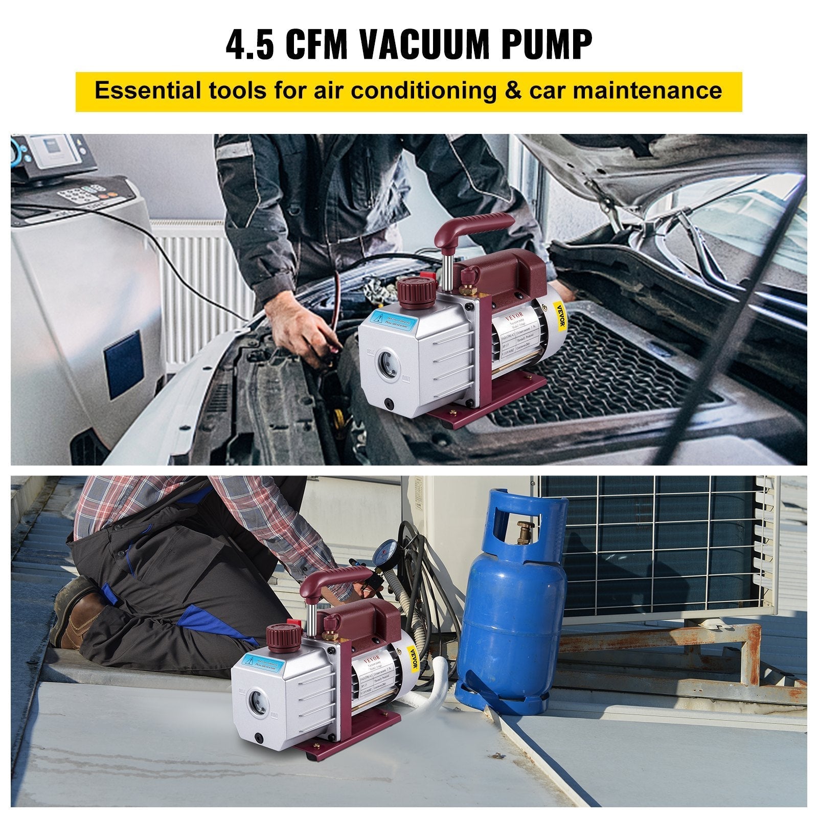 VEVOR 4.5CFM 1-3HP Vacuum Pump 110V 2 Meter Valve 1 Stage 5PA Ultimate Air Conditioning Refrigerant Vacuum Pump for HVAC Auto AC Refrigerant Rechar