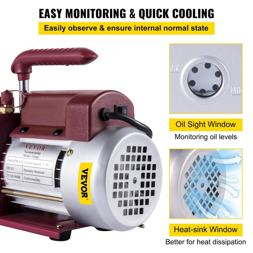 VEVOR 4.5CFM 1-3HP Vacuum Pump 110V 2 Meter Valve 1 Stage 5PA Ultimate Air Conditioning Refrigerant Vacuum Pump for HVAC Auto AC Refrigerant Rechar