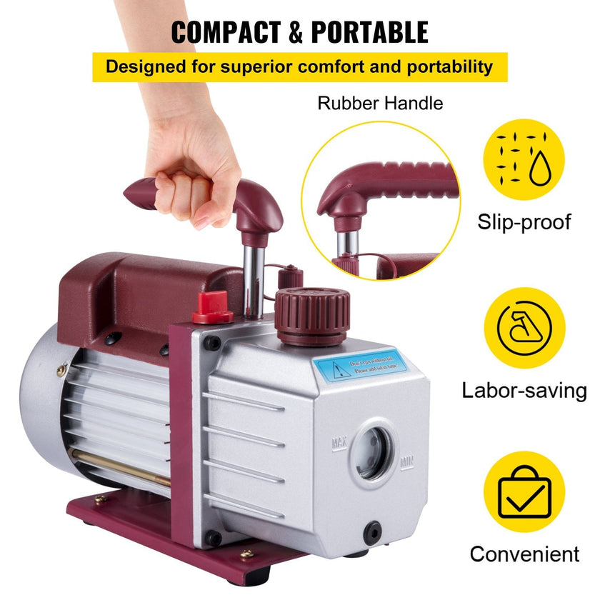 VEVOR 4.5CFM 1-3HP Vacuum Pump 110V 2 Meter Valve 1 Stage 5PA Ultimate Air Conditioning Refrigerant Vacuum Pump for HVAC Auto AC Refrigerant Rechar