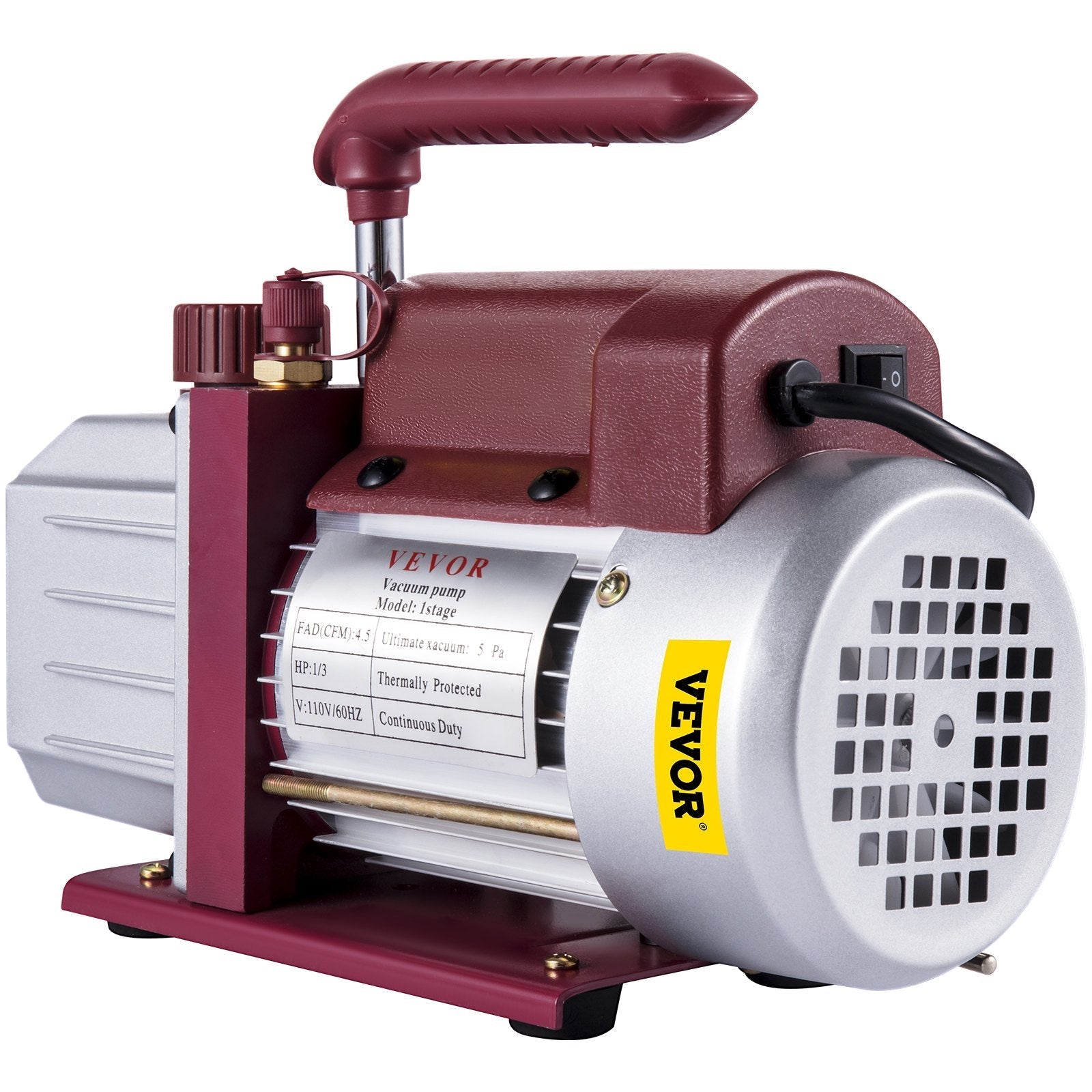 VEVOR 4.5CFM 1-3HP Vacuum Pump 110V 2 Meter Valve 1 Stage 5PA Ultimate Air Conditioning Refrigerant Vacuum Pump for HVAC Auto AC Refrigerant Rechar