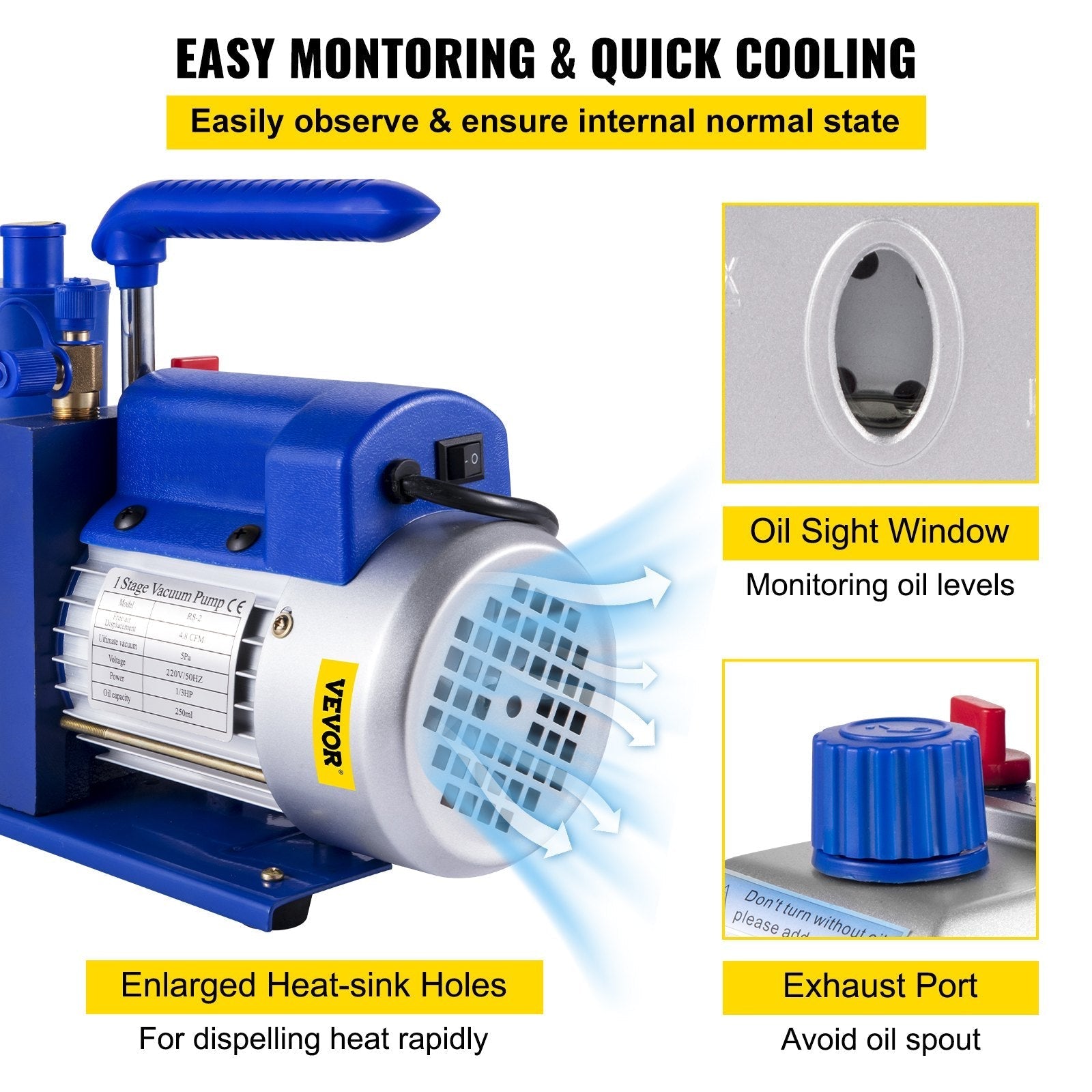 VEVOR Vacuum Pump Kit HVAC Single Stage AC Vacuum Pump 4.8CFM 1/3HP Air Vacuum Pump with 3 Valve A/C Manifold Gauge Set Refrigerant Air Conditioning (4.8CFM1/3HP 3Valve), Blue