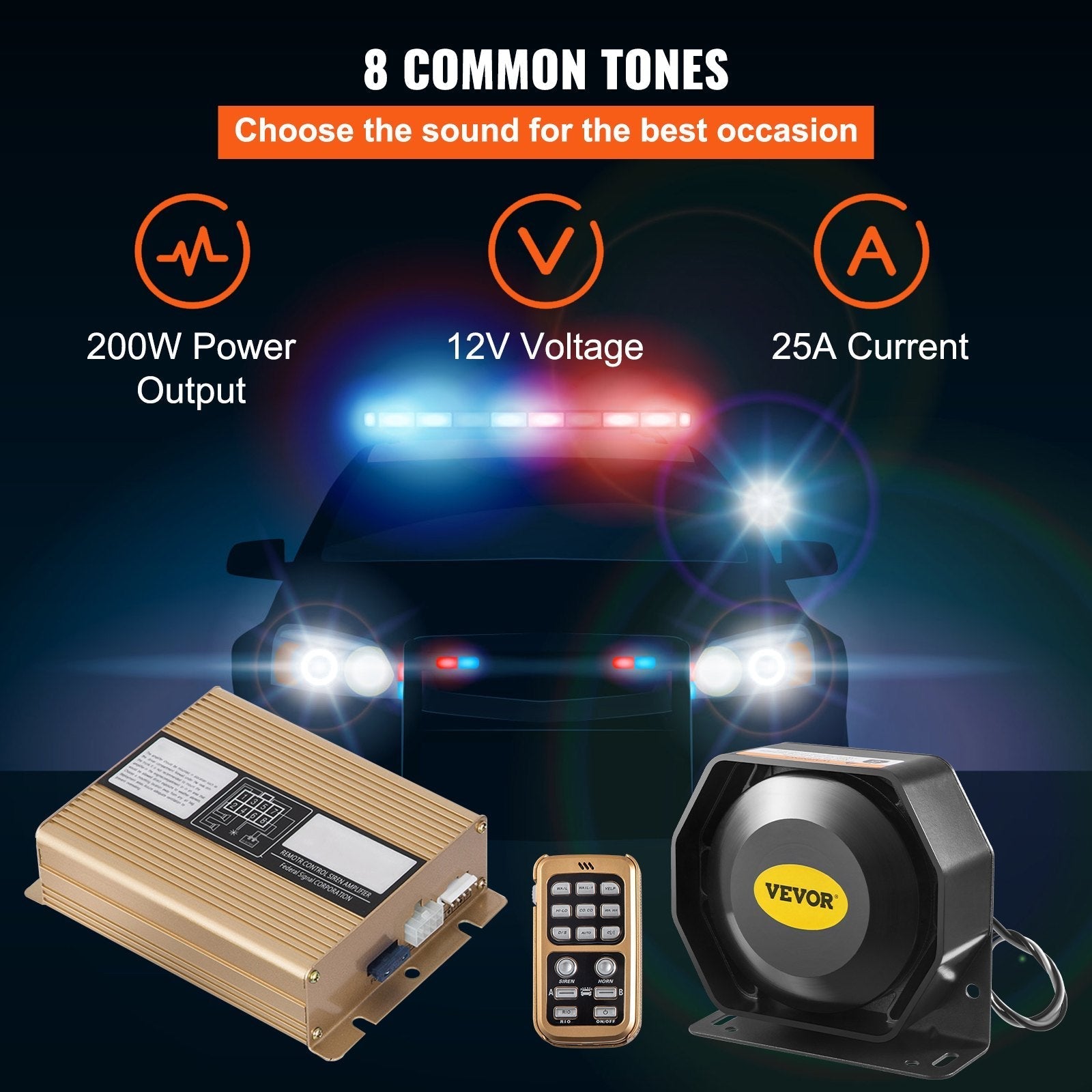 VEVOR 400W 8 Sound Loud Car Warning Police Fire Emergency Alarm Fire Siren 1 Horn PA Speaker MIC System Vehicle Siren