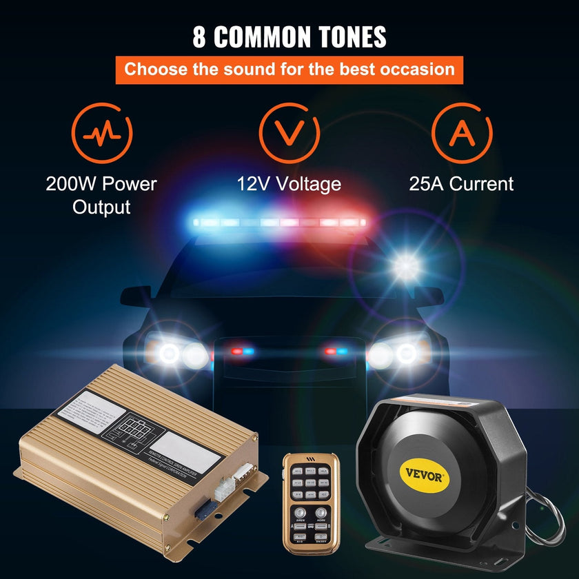 VEVOR 400W 8 Sound Loud Car Warning Police Fire Emergency Alarm Fire Siren 1 Horn PA Speaker MIC System Vehicle Siren