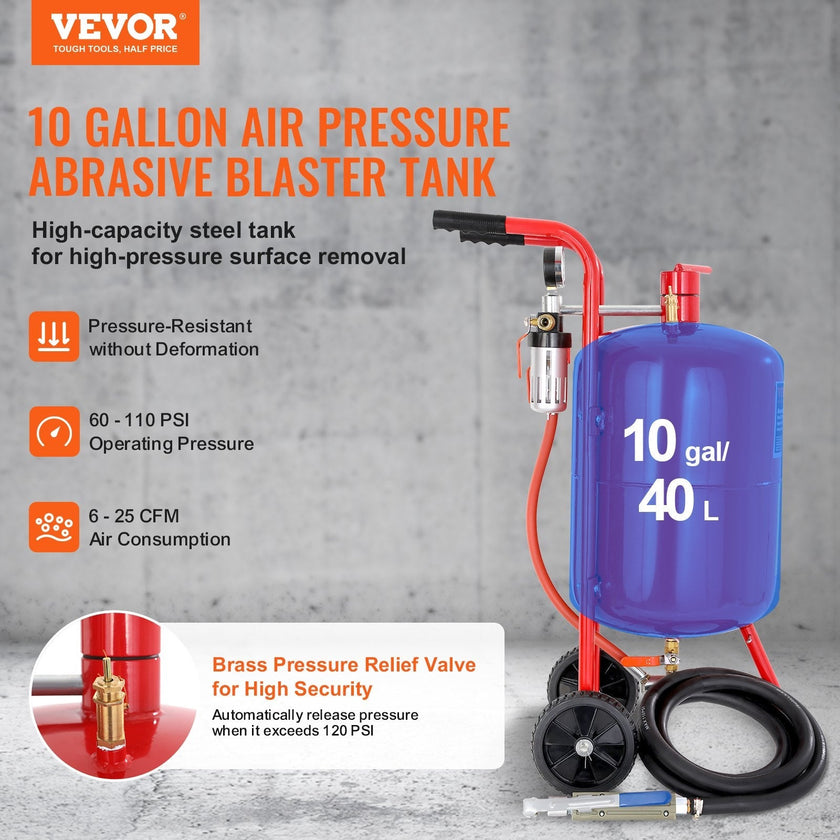 VEVOR 10Gal/40L Sandblaster Equipped w/Nozzle Shut-Off Valve Pressure Gauge Ceramic Nozzle Rubber Wheels Grit Power Sand Blasters Portable Sandblasting Equipment