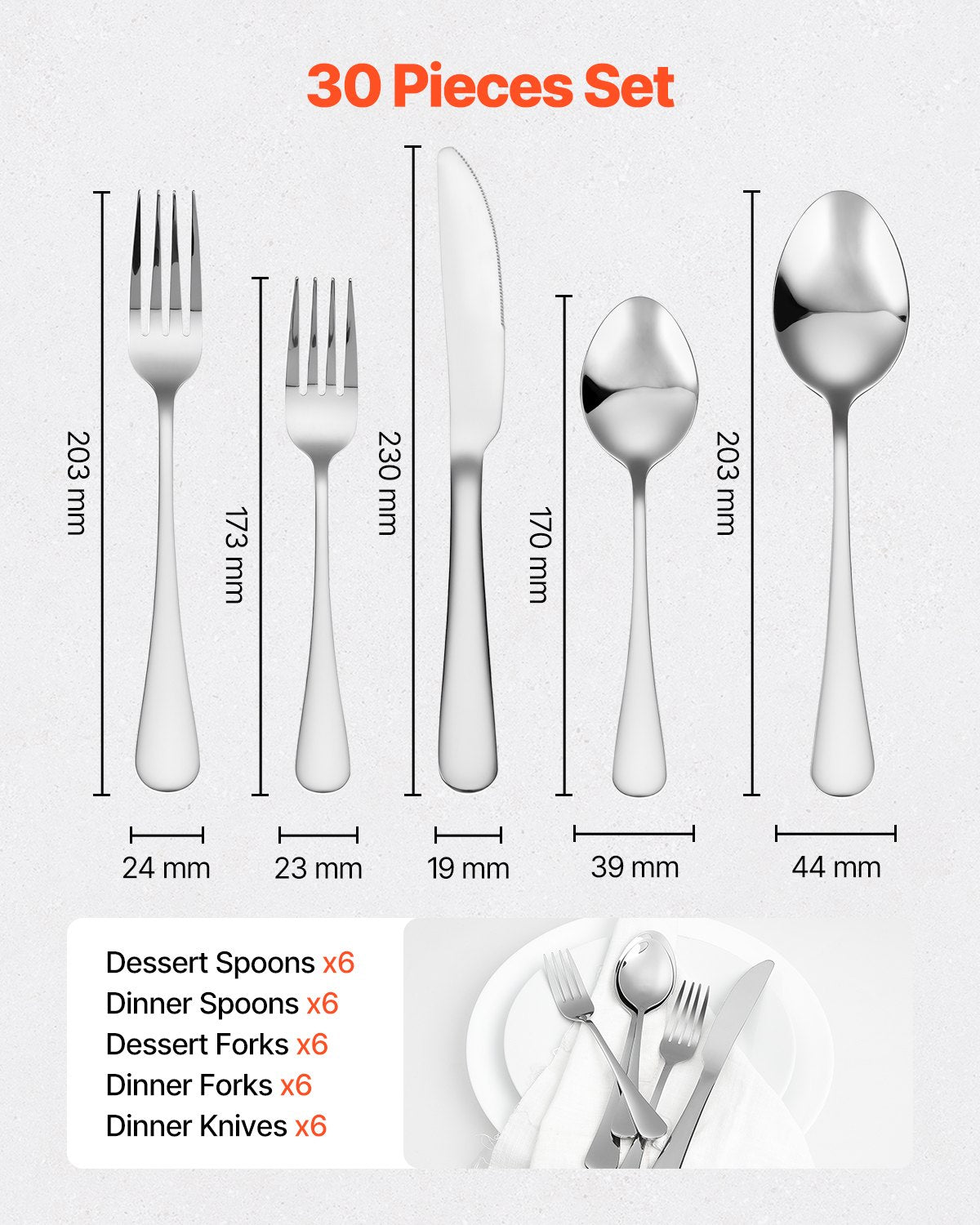 VEVOR 30-Piece Silverware Set Stainless Steel Cutlery Flatware Utensils for 6