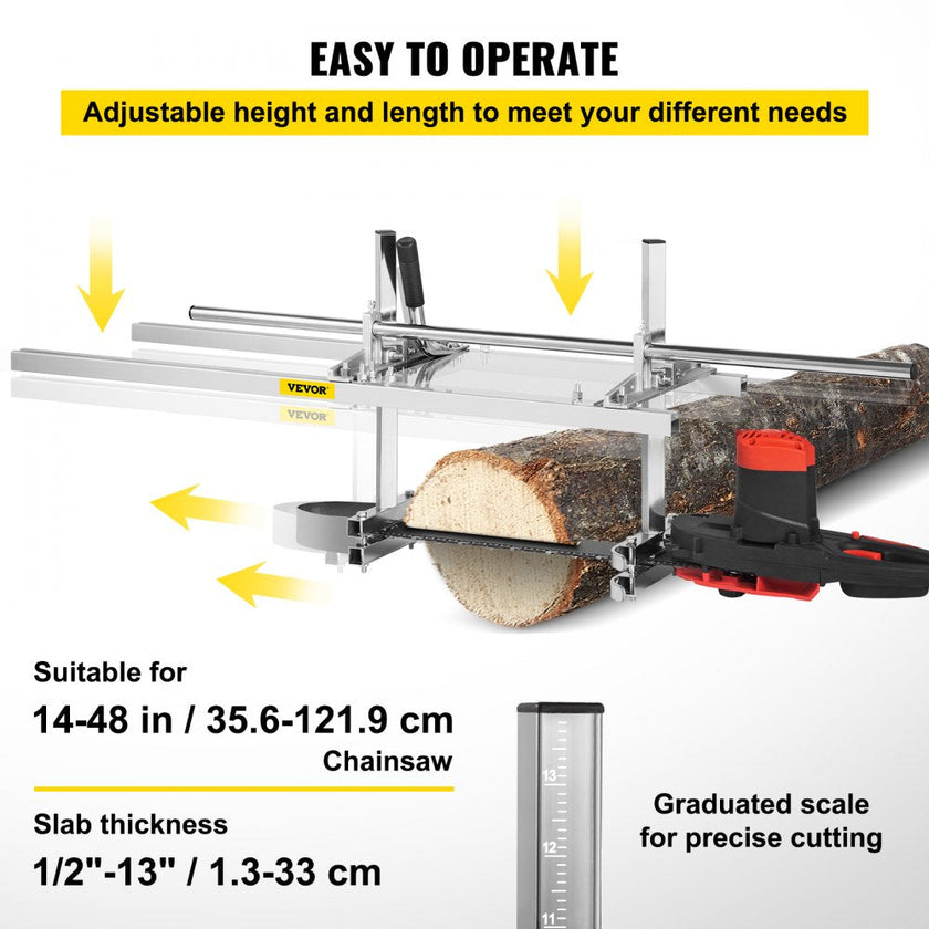 VEVOR Chainsaw MillAttachment 48 Inch Portable Chainsaw Mill Aluminum Steel Chainsaw Milling Planking Welding Saw Mill 18-48 Inch Planking Lumber Cutting Bar for Homeowners Woodworkers