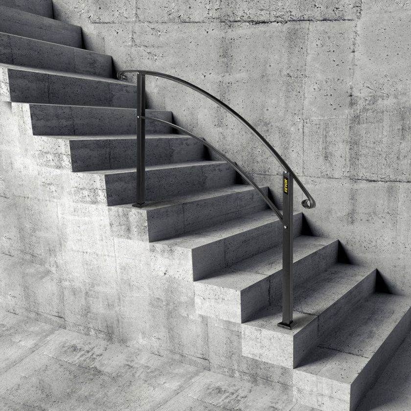 VEVOR 4-Step Handrail Fits 1 or 4 Steps Matte Black Stair Rail Wrought Iron Handrail with Installation Kit Hand Rails for Outdoor Steps