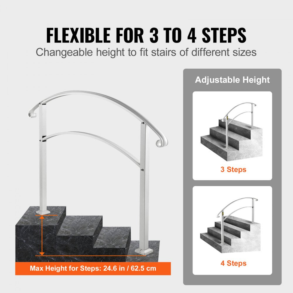 VEVOR Handrails for Outdoor Steps, Fit 1 or 4 Steps Outdoor Stair Railing, White Wrought Iron Handrail, Flexible Front Porch Hand Rail, Transitional Handrails for Concrete Steps or Wooden Stairs