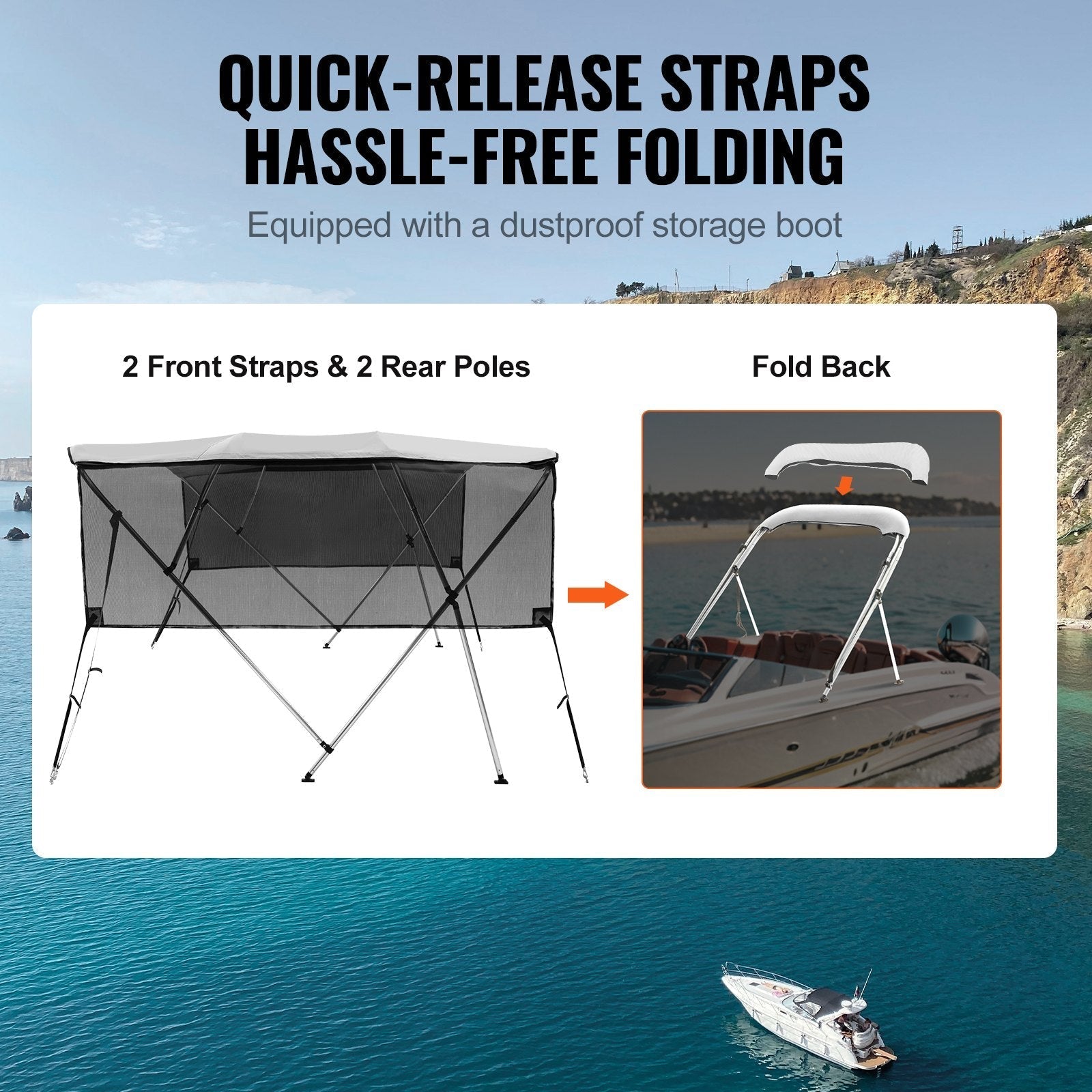 VEVOR 4 Bow Bimini Top Boat Cover, Detachable Mesh Sidewalls, 600D Polyester Canopy with 1