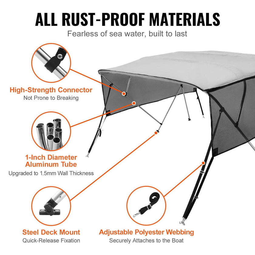 VEVOR 4 Bow Bimini Top Boat Cover, Detachable Mesh Sidewalls, 600D Polyester Canopy with 1