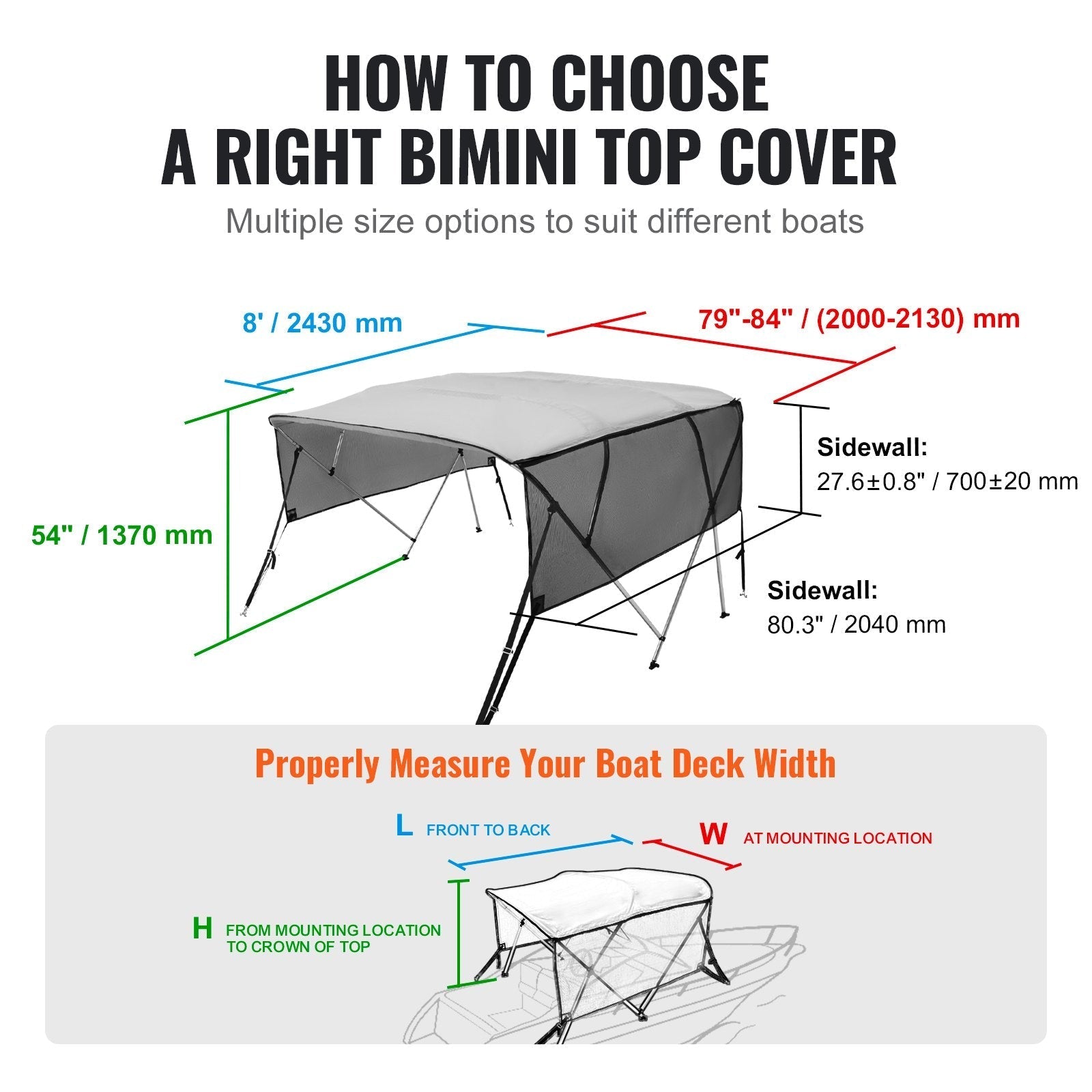 VEVOR 4 Bow Bimini Top Boat Cover, Detachable Mesh Sidewalls, 600D Polyester Canopy with 1