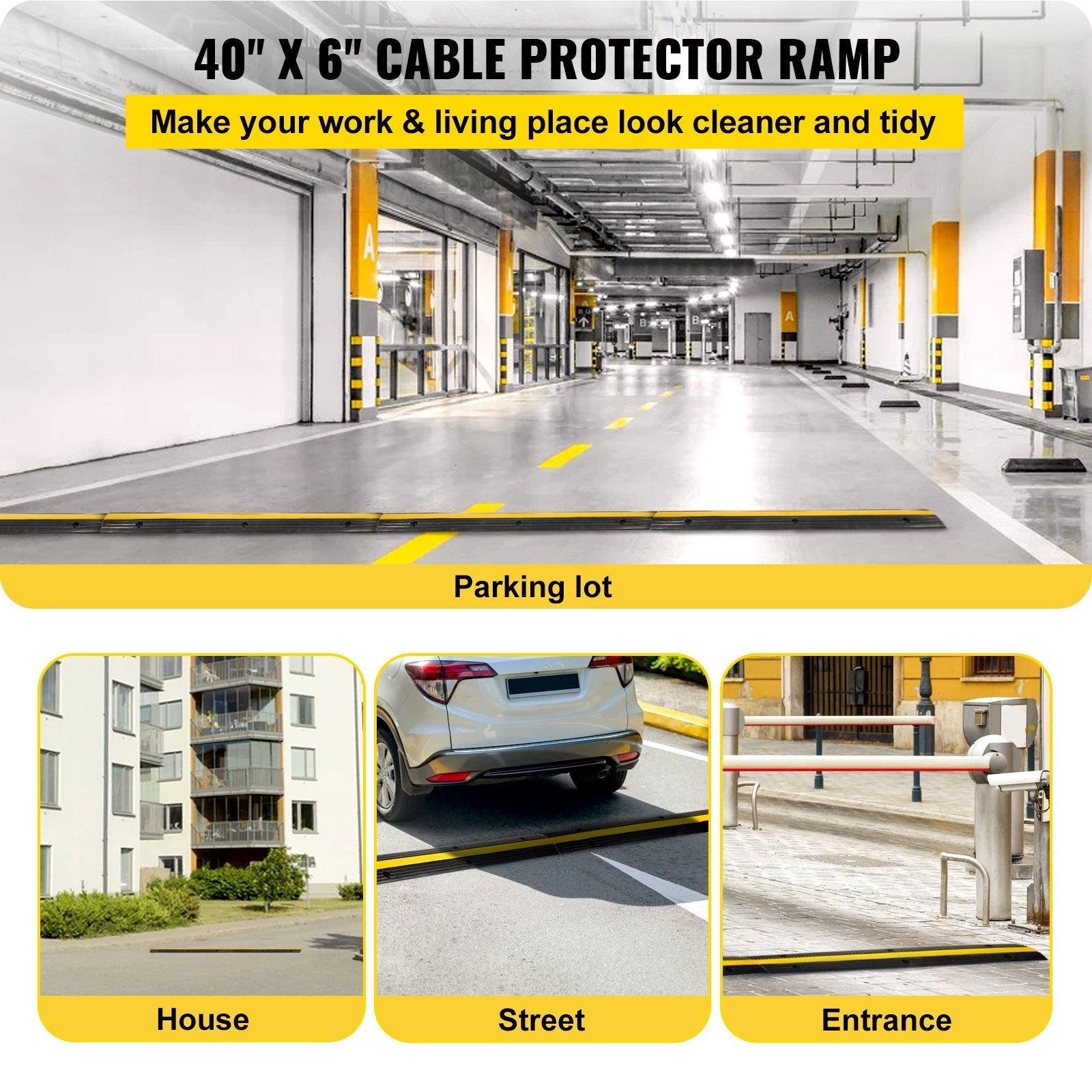 VEVOR 4 Pack of 1-Channel Rubber Cable Protector Ramps Heavy Duty 18000Lbs Load Capacity Cable Wire Cord Cover Ramp Speed Bump Driveway Hose Cable Ramp Protective Cover