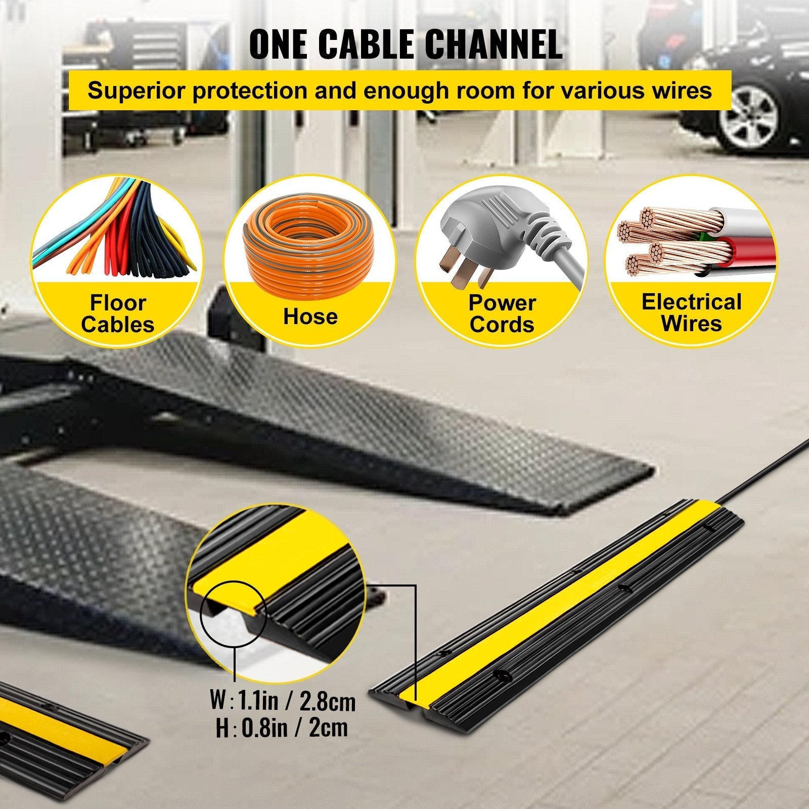 VEVOR 4 Pack of 1-Channel Rubber Cable Protector Ramps Heavy Duty 18000Lbs Load Capacity Cable Wire Cord Cover Ramp Speed Bump Driveway Hose Cable Ramp Protective Cover