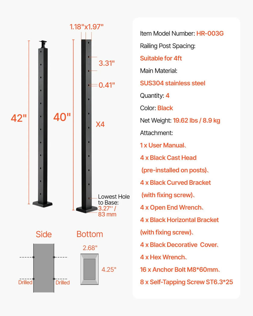 VEVOR Cable Railing Post 42x1x2 In Horizontal-Hole Post 4JZLGZXHS106REP67001V0