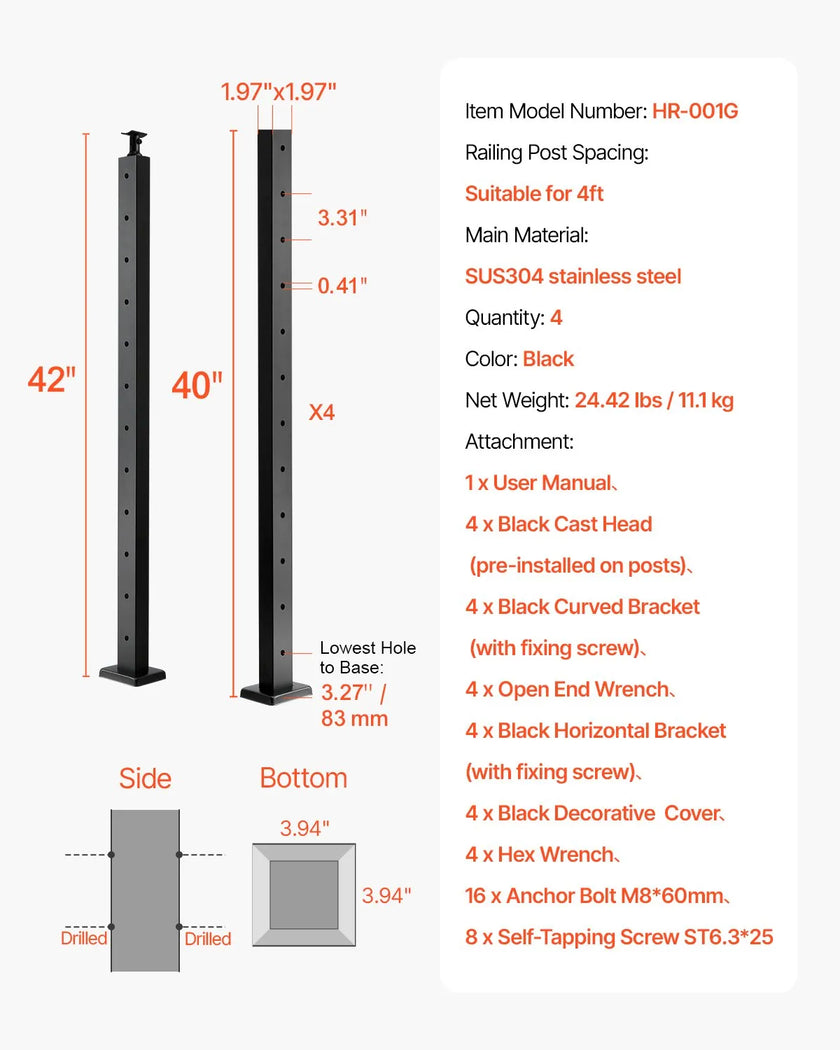 VEVOR Cable Railing Post 42x2x2 In Horizontal-Hole Post 4JZLGZXHS106URZU0001V0