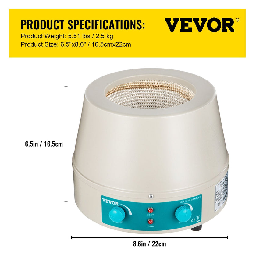 VEVOR Heating Mantle 500ml Magnetic Stirrer Heating Mantle 0-1600rpm Heating Mantle Magnetic Stirrer 250W Lab Magnetic Stir Plate for Liquid Heating and Stirring (500ml)