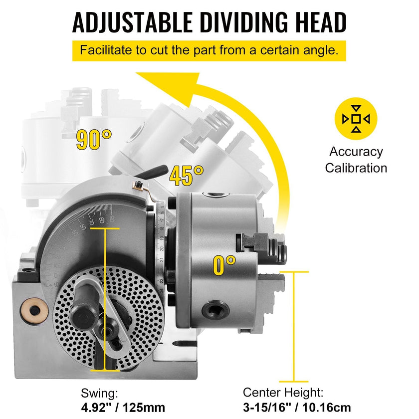 VEVOR Dividing Head BS-0 5Inch 3 Jaw Chuck Dividing Head Set Precision Semi Universal Dividing Head for Milling Machine Rotary Table Tailstock Milling Set (5 Inch Chuck)